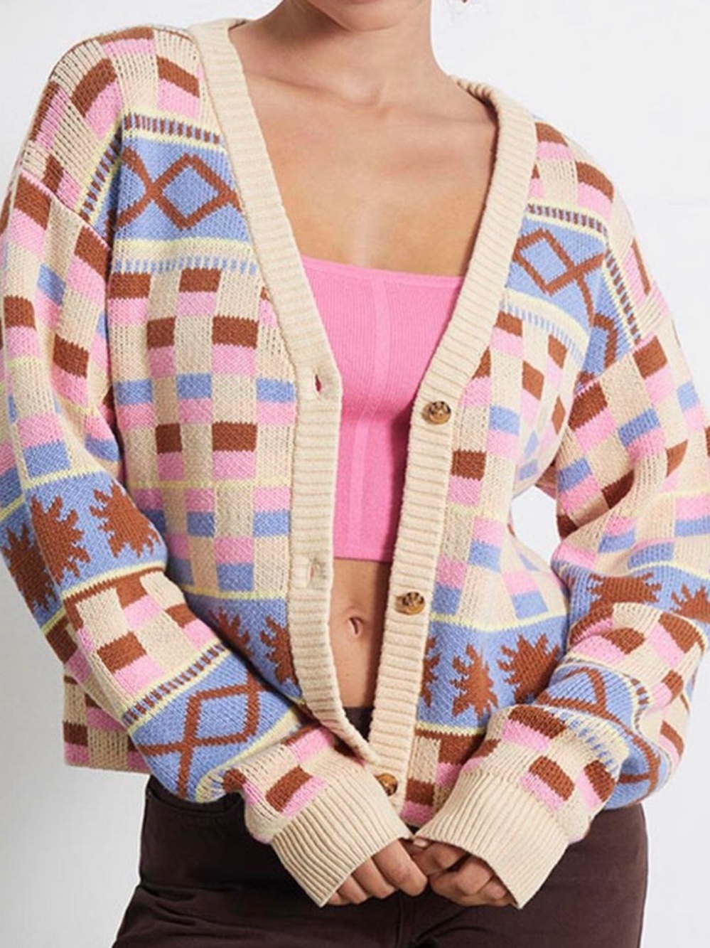 LA Hearts by PacSun cream pink blue yellow cotton geo cardigan oversized M - Picture 1 of 8